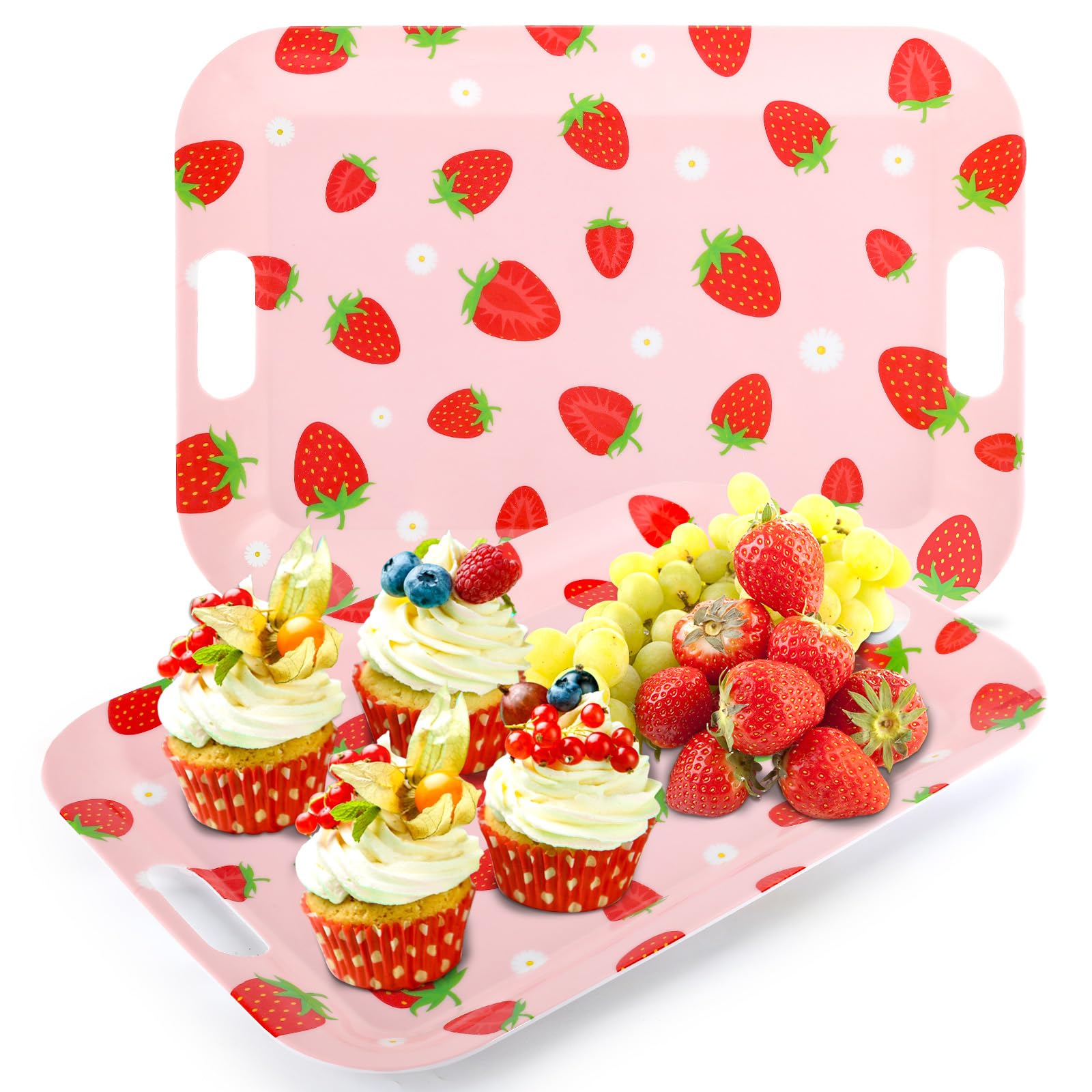 Photo 1 of 2Pcs Strawberry Serving Trays 16 x 11 Inch Large Melamine Strawberry Trays Platters with Handles Summer Berry Outdoor Food Trays Pink Serving Dishes for Strawberry Birthday Party Decorations