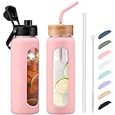Kodrine Water Bottle with Straw, 24 oz Glass water Bottle with 2 Lids Bamboo Straw Lid and Spout Lid with Handle, 32 oz Clear Water Bottle Glass for Sports Travel, Waterbottle with Time Marker