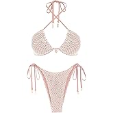seamoly Women's Bandeau Bikini Sets Fishnet Shell Triangle High Cut Side Tie Thong Bathing Suit Tie Back Padded Swimsuit Pink S