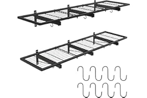 RICIAKIK 2 Pack Garage Wall Shelves, 46"X 12.5" Garage Shelving Wall Mounted, Heavy Duty Shelf Organizer with 8 Hooks, Black Floating Storage Metal Rack 320 LBS Capacity for Laundry Room, Office, Basement