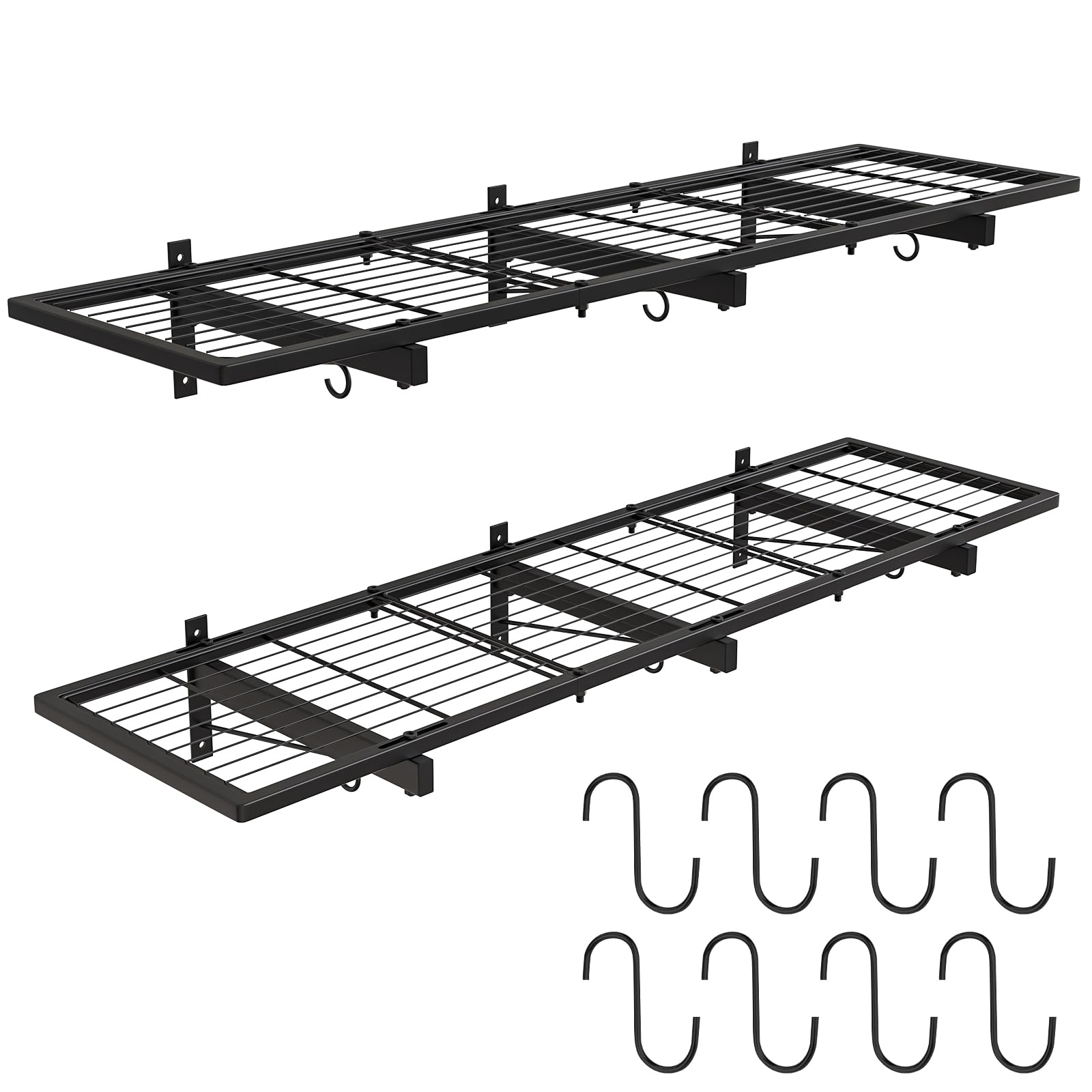 Photo 1 of 2 Pack Garage Wall Shelves, 46"X 12.5" Garage Shelving Wall Mounted, Heavy Duty Shelf Organizer with 8 Hooks, Black Floating Storage Metal Rack 320 LBS Capacity for Laundry Room, Office, Basement