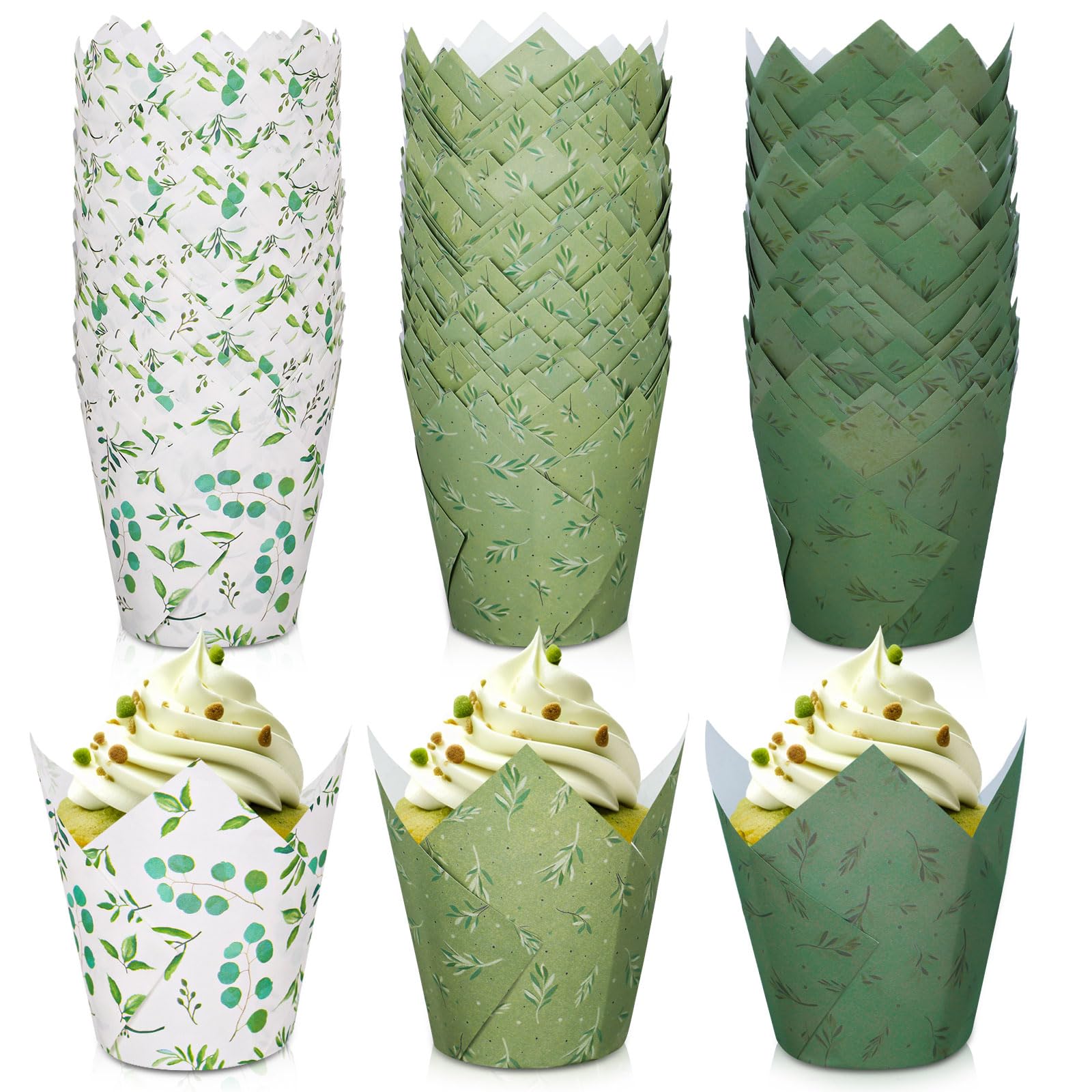 Photo 1 of Whaline 180Pcs Greenery Tulip Cupcake Liners Eucalyptus Olive Leaf Muffin Baking Liners Tulip Cupcake Wrappers Baking Cup for Bridal Baby Shower Wedding Birthday Party Decor
