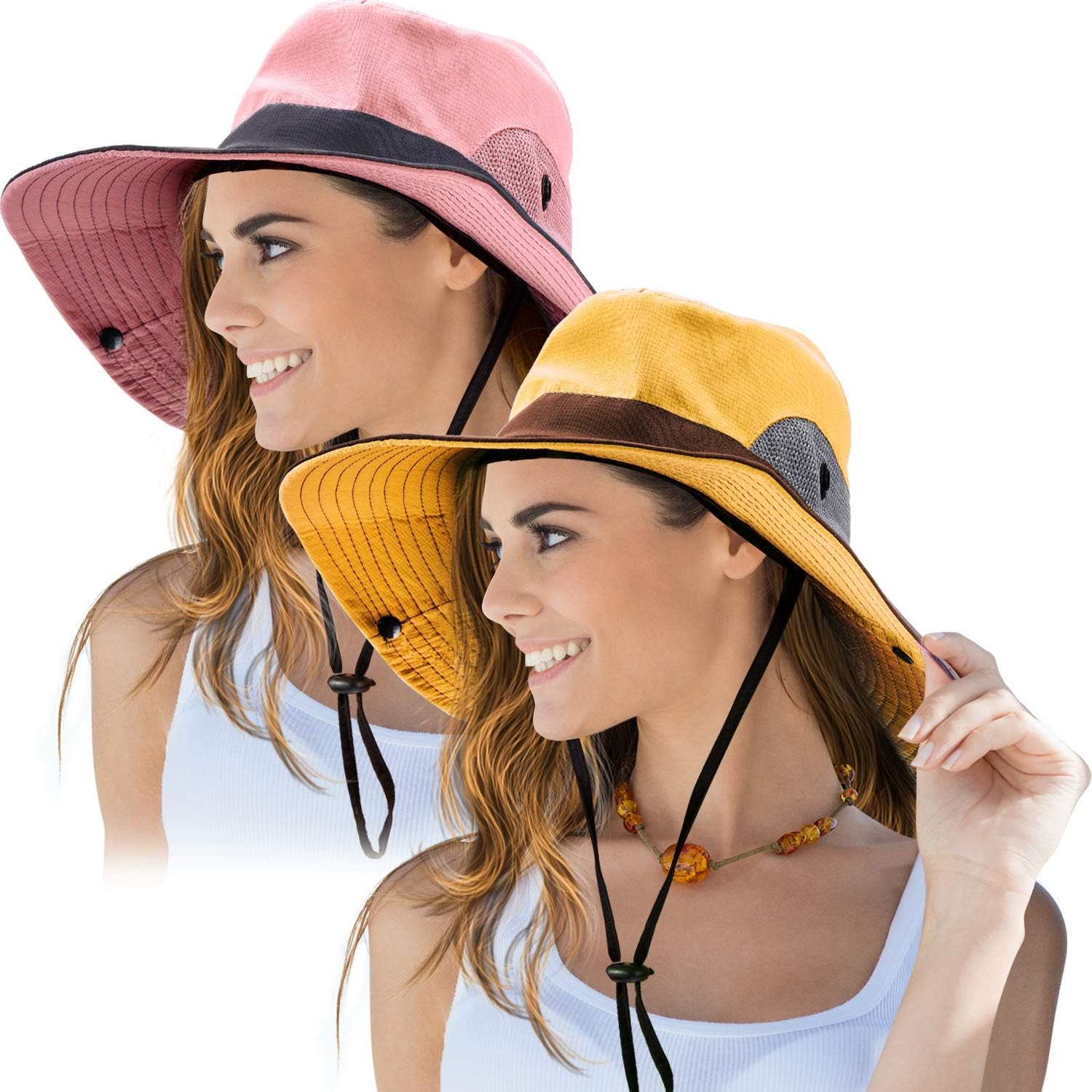 2 Pieces Women's Outdoor Sun Hat UV Protection Foldable Mesh Wide Brim Beach Fishing Cap (Pink