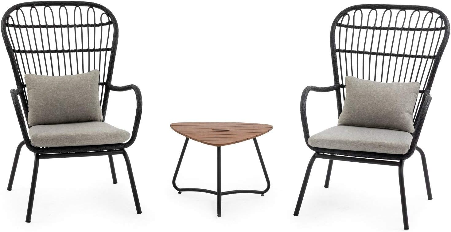 Amazon Com Outdoor Collection Modern Bohemian 3 Piece Patio Furniture Set Dark Gray Wicker Chairs Side Table Bistro Chat Set Garden Outdoor