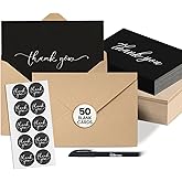 50 Thank You Cards with Envelopes 50 Pack - 4x6 Thank You Cards with Envelopes - Includes 50 Stickers, Pen & Elegant Storage Box - Boxed Assorted Greeting Cards (Black)