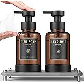 Luxspire Foaming Soap Dispenser, Non-Slip Hand Soap Dispenser with Fast Drying Tray, 15oz Glass Refillable Liquid Bottle for Bathroom & Kitchen, 2 Pack, Brown + Dark Gray