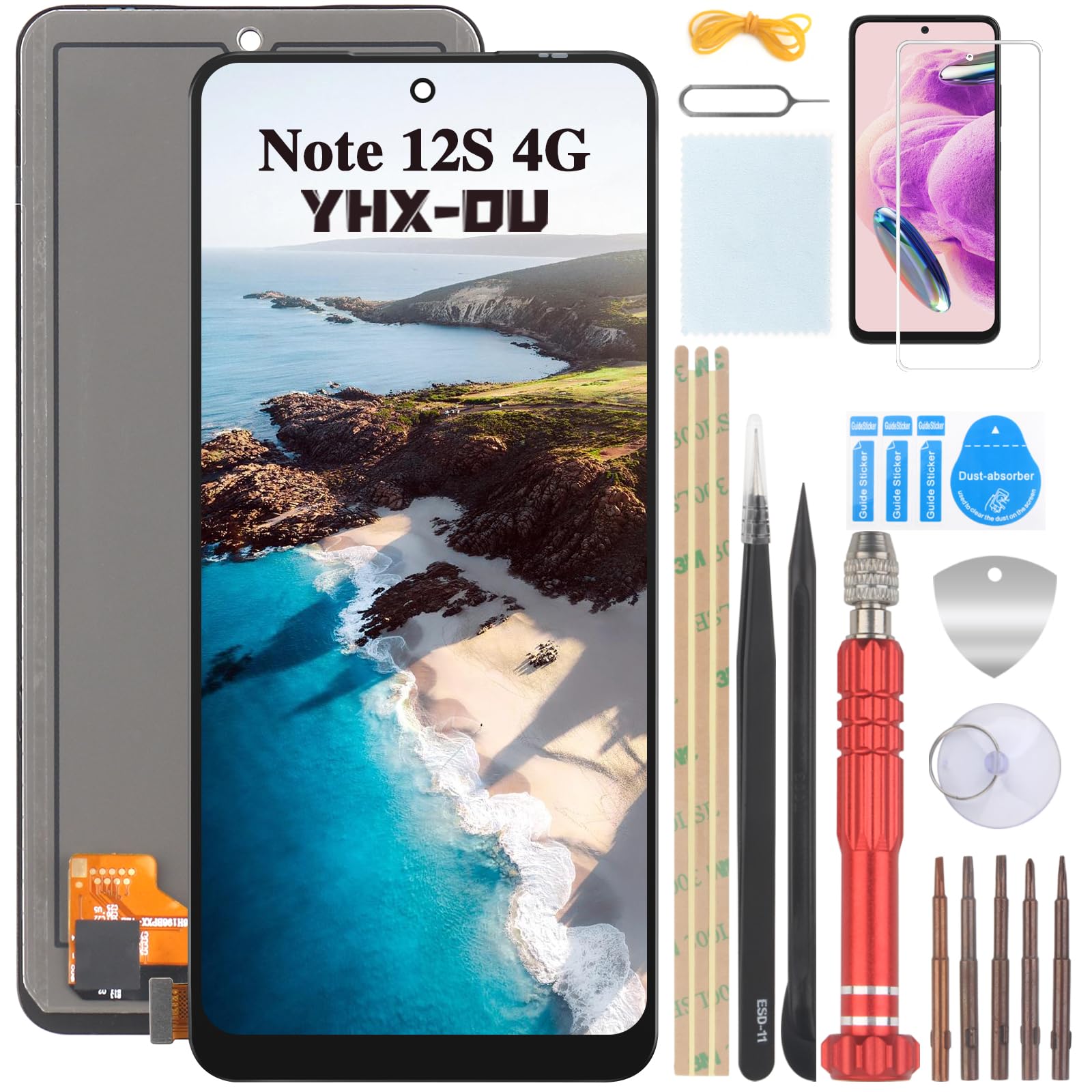 YHX-OU 6.43 Inch Black Display for Xiaomi Redmi Note 12S LCD Display Touch Screen Replacement Screen Glass Assembly with Tools + 1 Piece Screen Protector