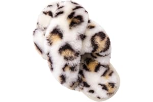 ISZPLUSH Girl's Fluffy Slippers Kids' Fuzzy Slippers Slide Sandals Leopard Tie Dye Cross Band Plush Open Toe Slip on House Bedroom Slippers