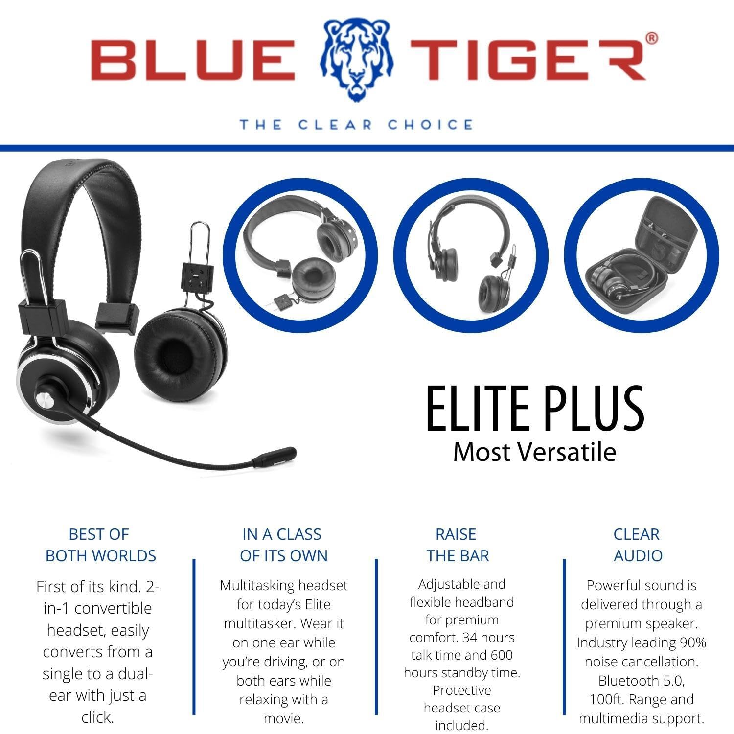 Blue Tiger Elite Plus Premium Single and Dual Ear Wireless Headset – Professional Truckers’ Noise Cancellation Head Set with Microphone – Long Battery Life, No Wires