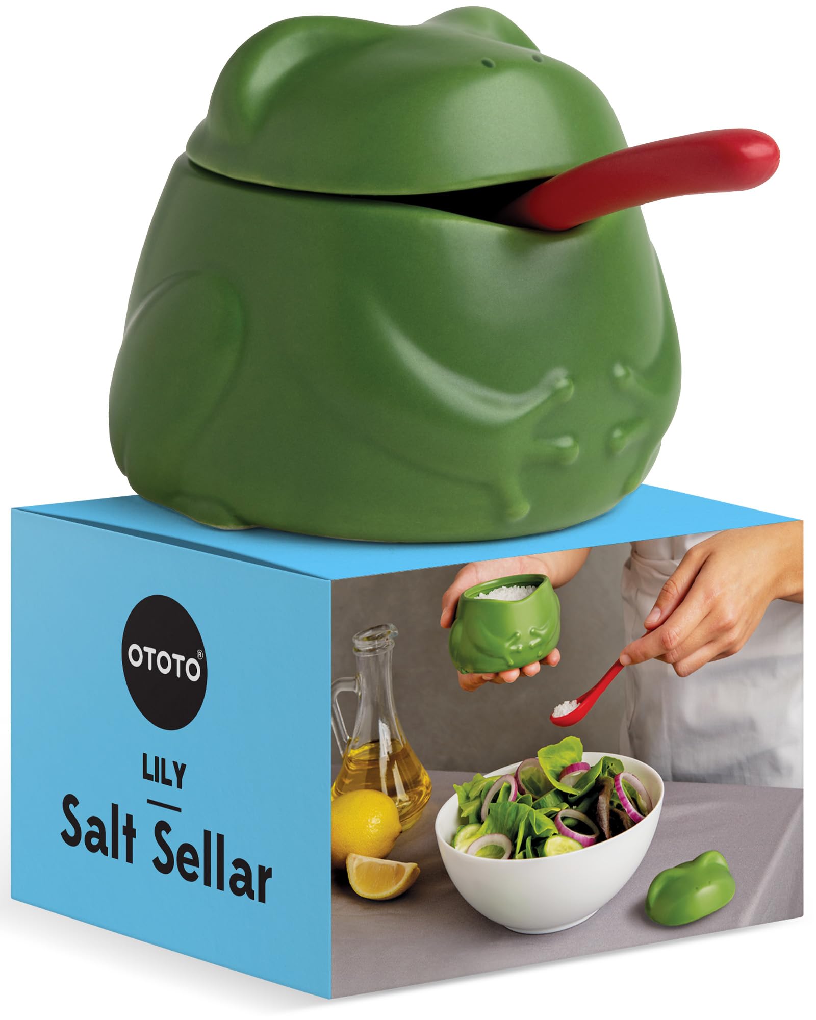 Photo 1 of **CHIPPED ON RIGHT SIDE**
OTOTO NEW Lily Salt Cellar with Lid and Spoon - 6 oz Frog Salt Containers for Countertop, Ceramic Salt Holder with Lid for Sugar, Frog Stuff, White Elephant Gifts, Cute Gifts Accessories - Green