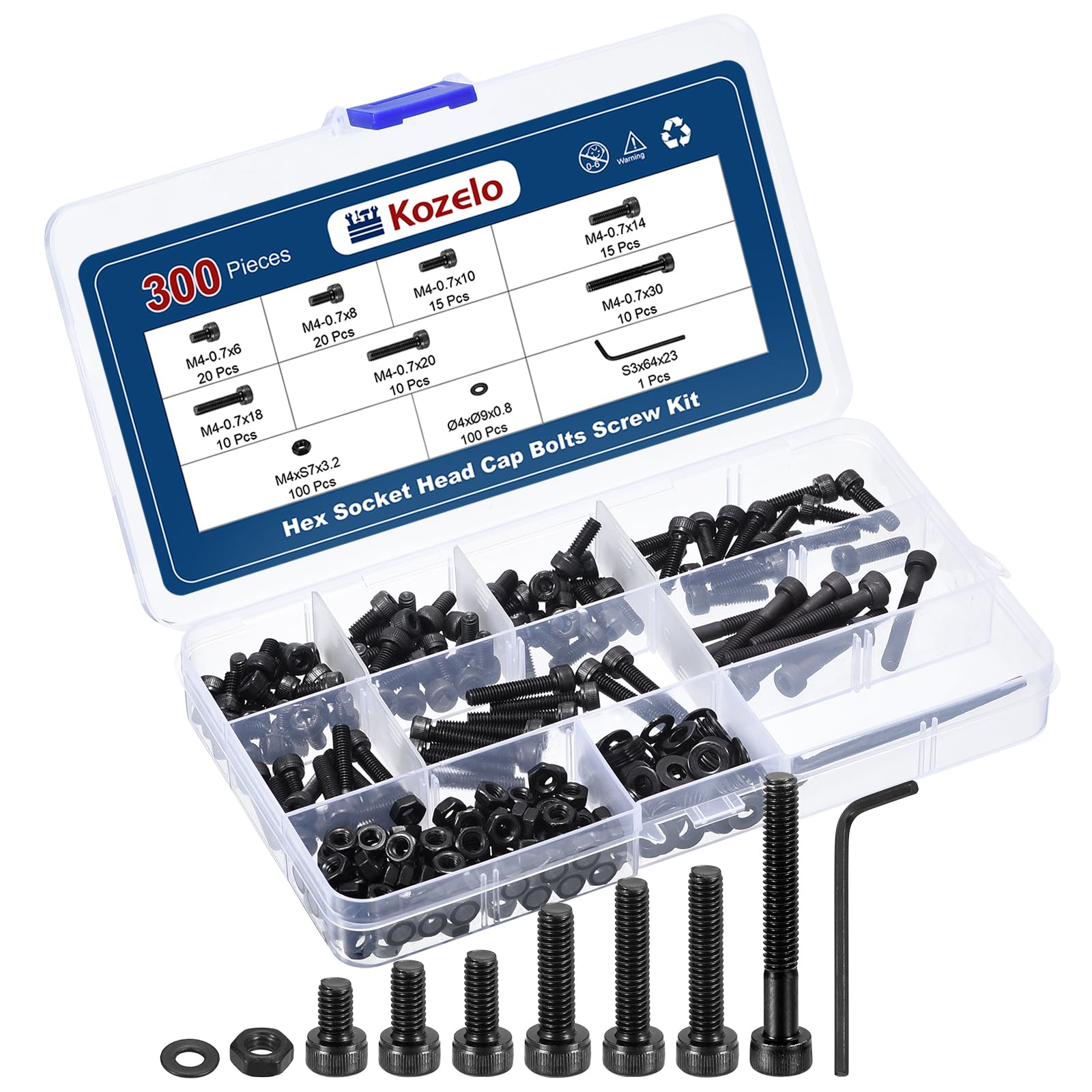 Kozelo 300pcs M4 Socket Head Cap Screws Bolts Nut Assortment Kit - [M4x6/8/10/14/18/20/30mm] Alloy Steel Fully Threaded Black Oxide 12.9 Internal Hex Screw for 3D Printer Use, with Wrench — image 1