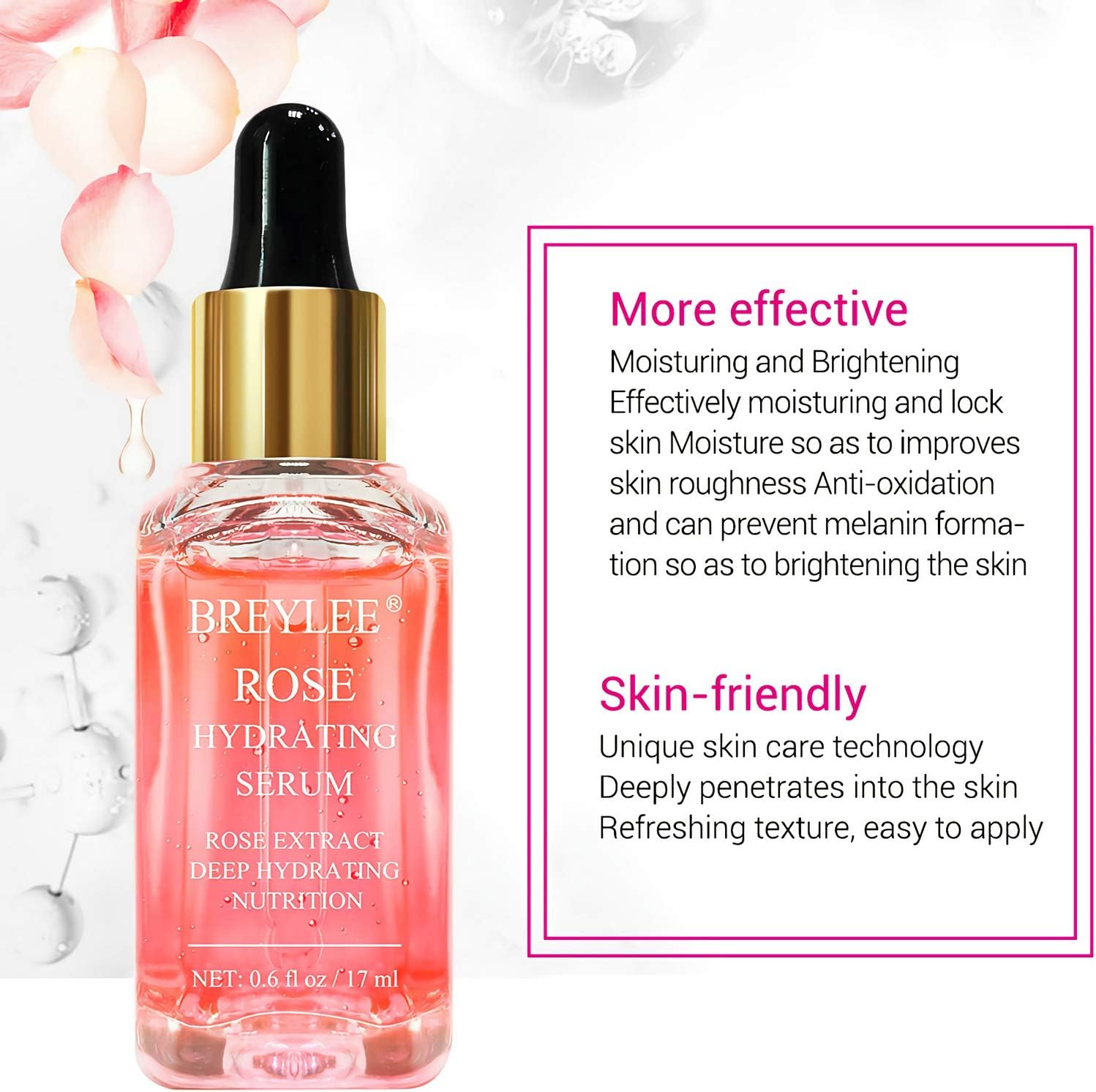 Rose Face Serum, BREYLEE Moisturizing Serum Hydrating Face Serum Rose Essence with Rose Petals Extract Hyaluronic Acid Trehalose B5 Vitamin Alcohol Free Facial Skin Care(17ml,0.6fl oz): Kitchen & Dining