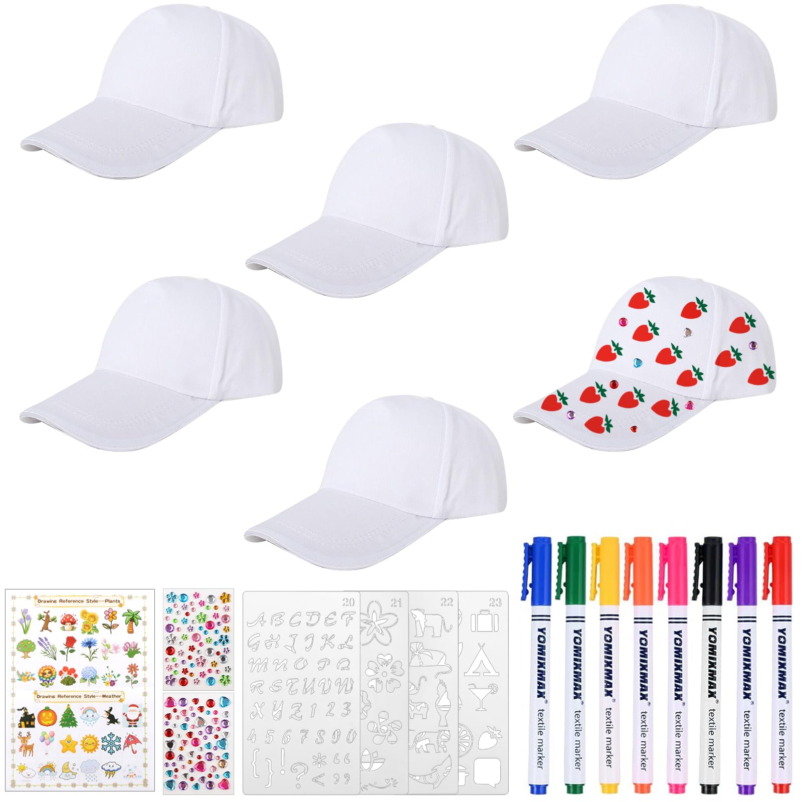 goubinZH Kids Baseball Caps 6 Pieces White DIY Painting Hat Cotton Blank Art Painting Hat Adjustable Sun Hats with Colored Sticks Paint Templates and Box for Children Outdoor Sports Activities Camp