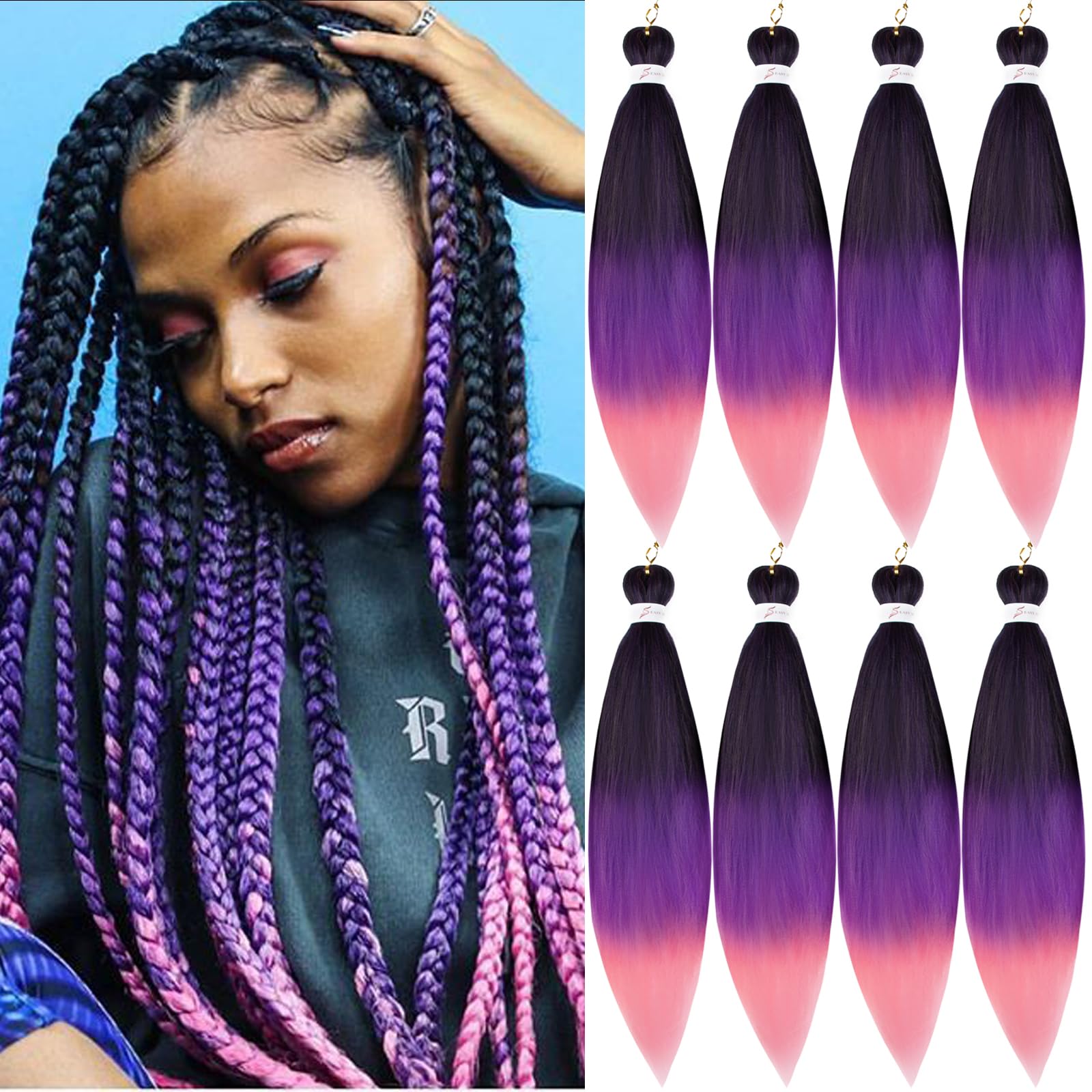 Pre-stretched Braiding Hair Professional Easy Crochet Braid Hair 26 Inch 8 Packs Hot Water Setting Soft Synthetic Braiding Hair Extension for Twist Senegalese Crochet Hair (26 inch, 1B/purple/pink) โ image 1