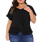 Agnes Orinda Plus Size Top for Women Short Sleeve V Neck Twist Knot Summer Blouses t Shirts