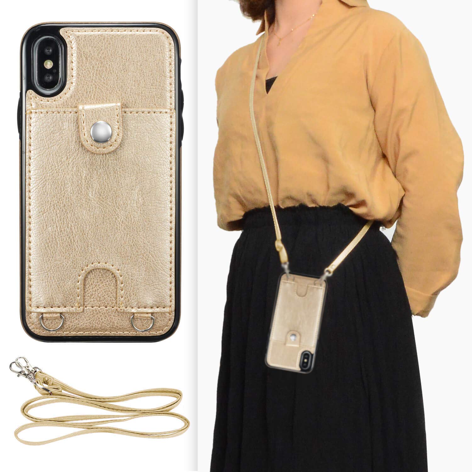 DEFBSC Lanyard Case for iPhone X/iPhone Xs, PU Leather Card Holder with Adjustable Crossbody/Necklace Lanyard Strap,Anti-lost Back Cover for iPhone X/iPhone Xs, Gold