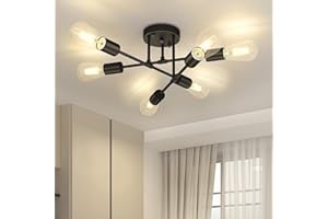 Asnxcju Modern Semi Flush Mount Ceiling Light, 6-Lights Black Sputnik Chandelier for Bedroom Lighting, Industrial Kitchen Light Fixture Ceiling Mount for Dining Room Hallway Living Room, UL Listed