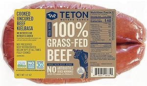 Teton Waters Ranch 100% Grass-Fed Beef Kielbasa Polish Rope Sausage, Uncured & No Sugar Added, Certified Humane - 12oz