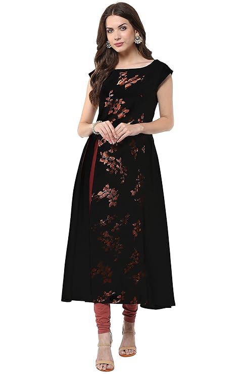 Women's Black Poly Crepe Frontslit Kurta