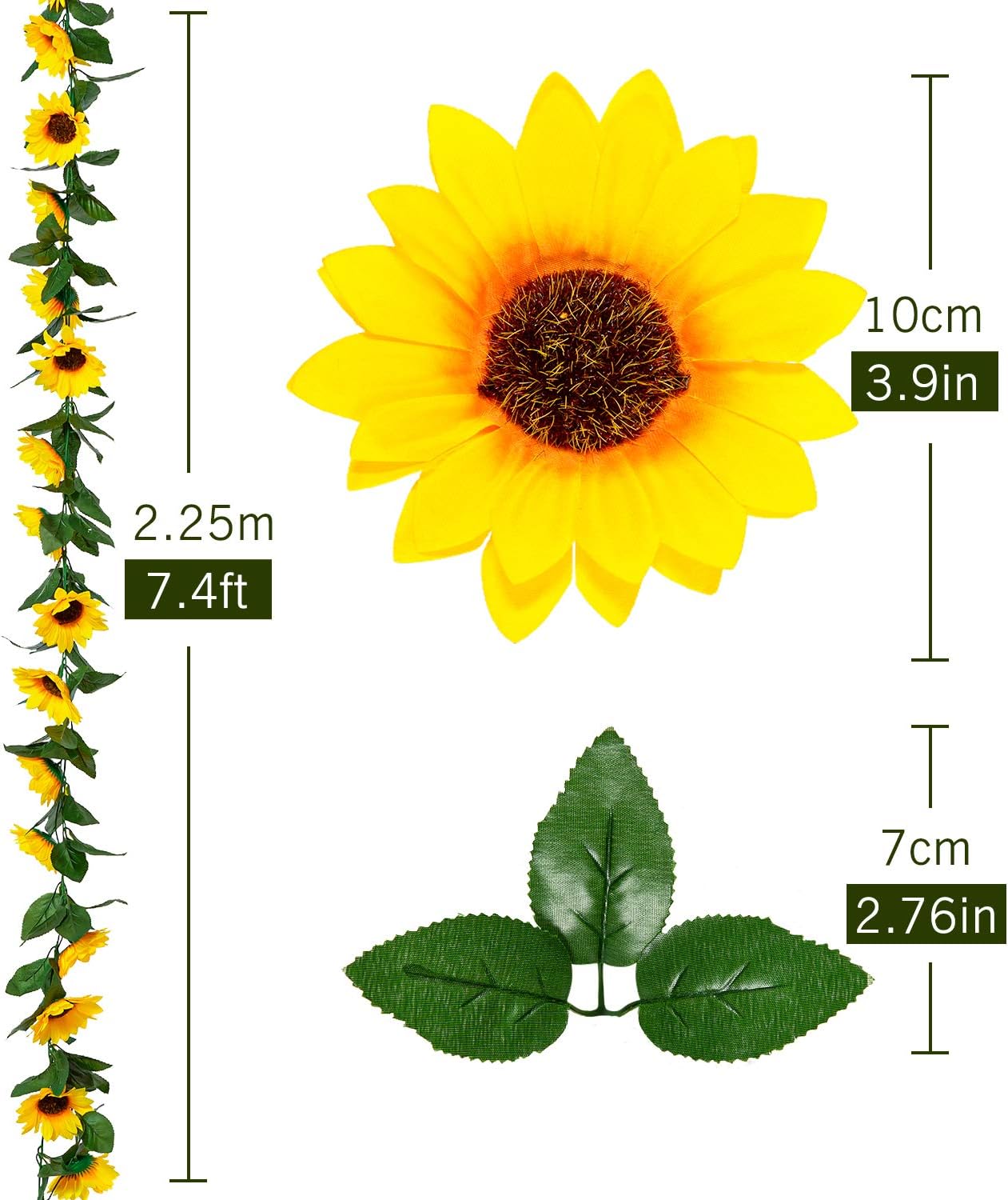 Whaline 2 Pack Artificial Sunflower Garland Silk Sunflower Vine Faux Flower Hanging Garland with Green Leaves Fake Floral Arrangement for Wedding Party Anniversary Home Office Table Centerpiece Decor - Image 3