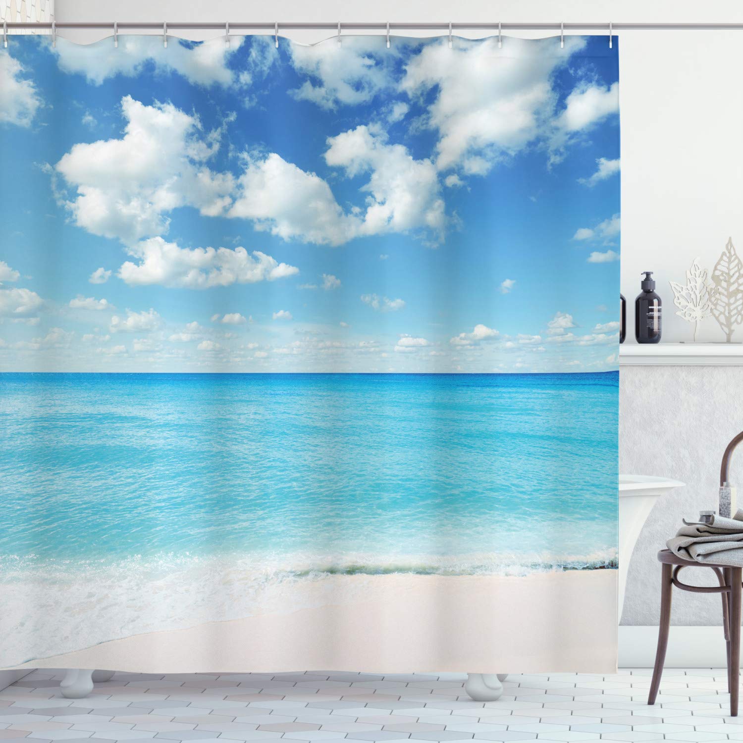 ABAKUHAUS Tropical Shower Curtain, Exotic Beach with Vivid Sky Sunny Day Holiday Relaxing Ocean Island Scenery, Cloth Fabric Bathroom Decor Set with Hooks, 175 x 200 cm, Sky Blue Aqua