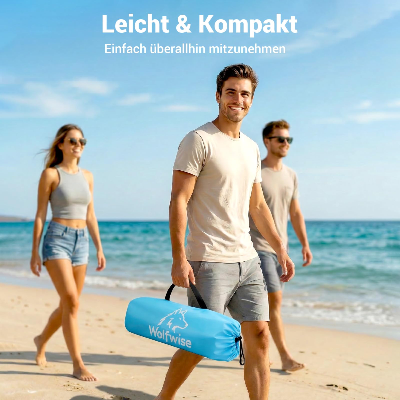 Wolfwise Strandmuschel UV Schutz, 3 Belüftungsfenster & Tragetasche, Strand Zelt mit erweiterbarem Boden für Privatsphäre, 4 Personen, 240x165x140cm(95 ''x65''x55''), Blau 7