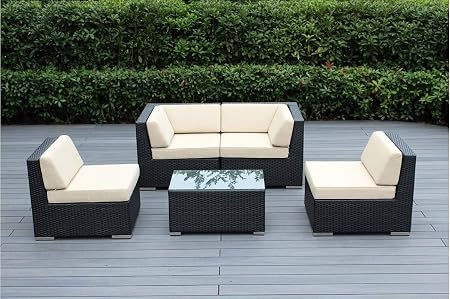Amazon Com Ohana 5 Piece Outdoor Patio Furniture Sectional Conversation Set Black Wicker With Beige Cushions No Assembly With Free Patio Cover Garden Outdoor