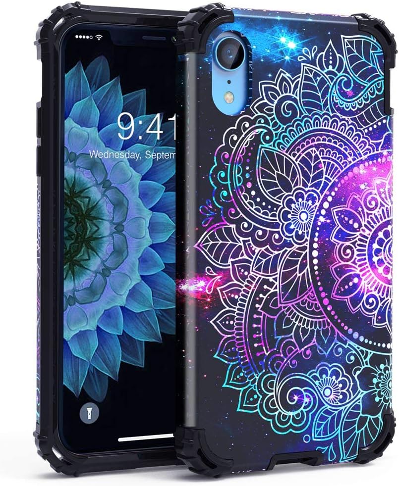 KUMEEK iPhone XR Case, Anti-Scratch Shockproof Heavy Duty Protection Hard Plastic Cover+Silicone Rubber Case Hybrid Dual Layer Protective Phone Case for iPhone XR - Mandala in Galaxy