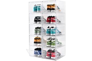 beehomay 10 Pack Large Shoe Boxes Clear Plastic Stackable，Drop Front Shoe Box with Clear Door, Shoe Containers For Sneaker Display,Fit up to US Size12 (clear, 10 pack)