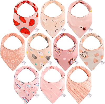 Lanjue Baby Bandana Dribble Bibs 10-Pack Cotton Adjustable Snaps Pink