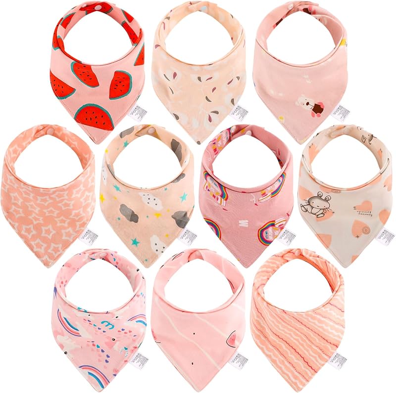 Lanjue Baby Bandana Dribble Bibs 10-Pack Cotton Adjustable Snaps Pink