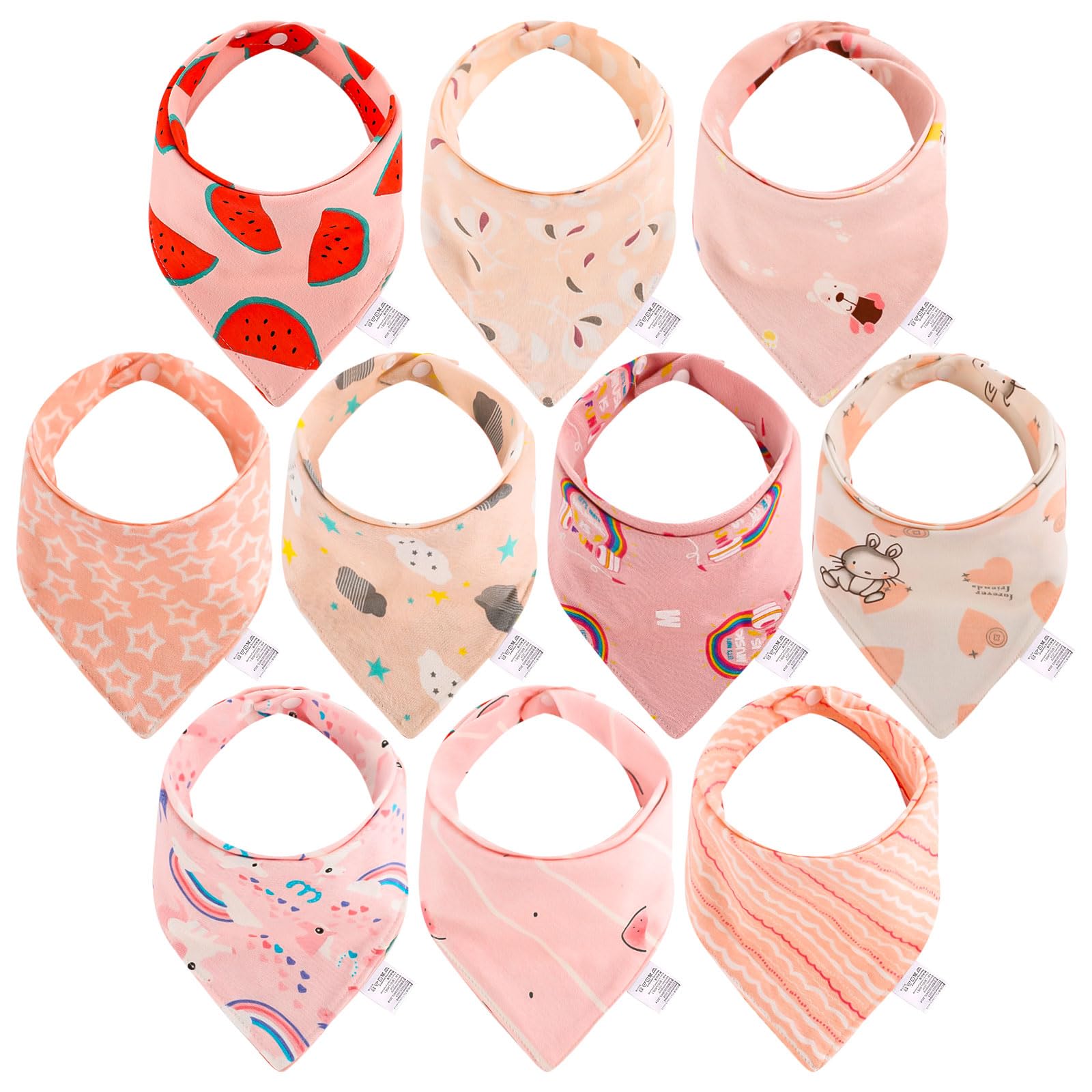 Lanjue Baby Bandana Dribble Bibs, 10-Pack Cotton Baby Feeding Bibs Super Absorbent Drooling Bibs with Adjustable Snaps for Teething and Drooling (Pink)
