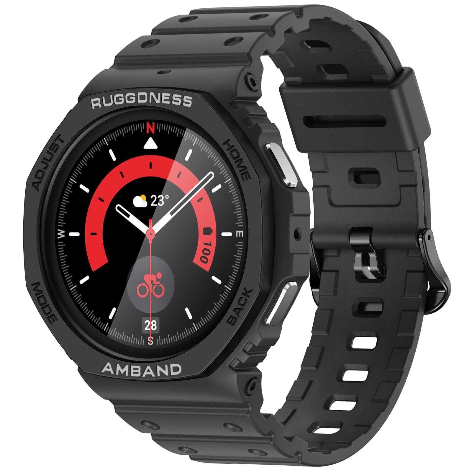 Photo 1 of amBand Bands Case Screen Protector Compatible with Samsung Galaxy Watch 5/4 44mm, R1 Sport Series Rugged Protective Cover Strap and 2 Pack Tempered Glass Film for Galaxy Watch5/Galaxy Watch4 Black