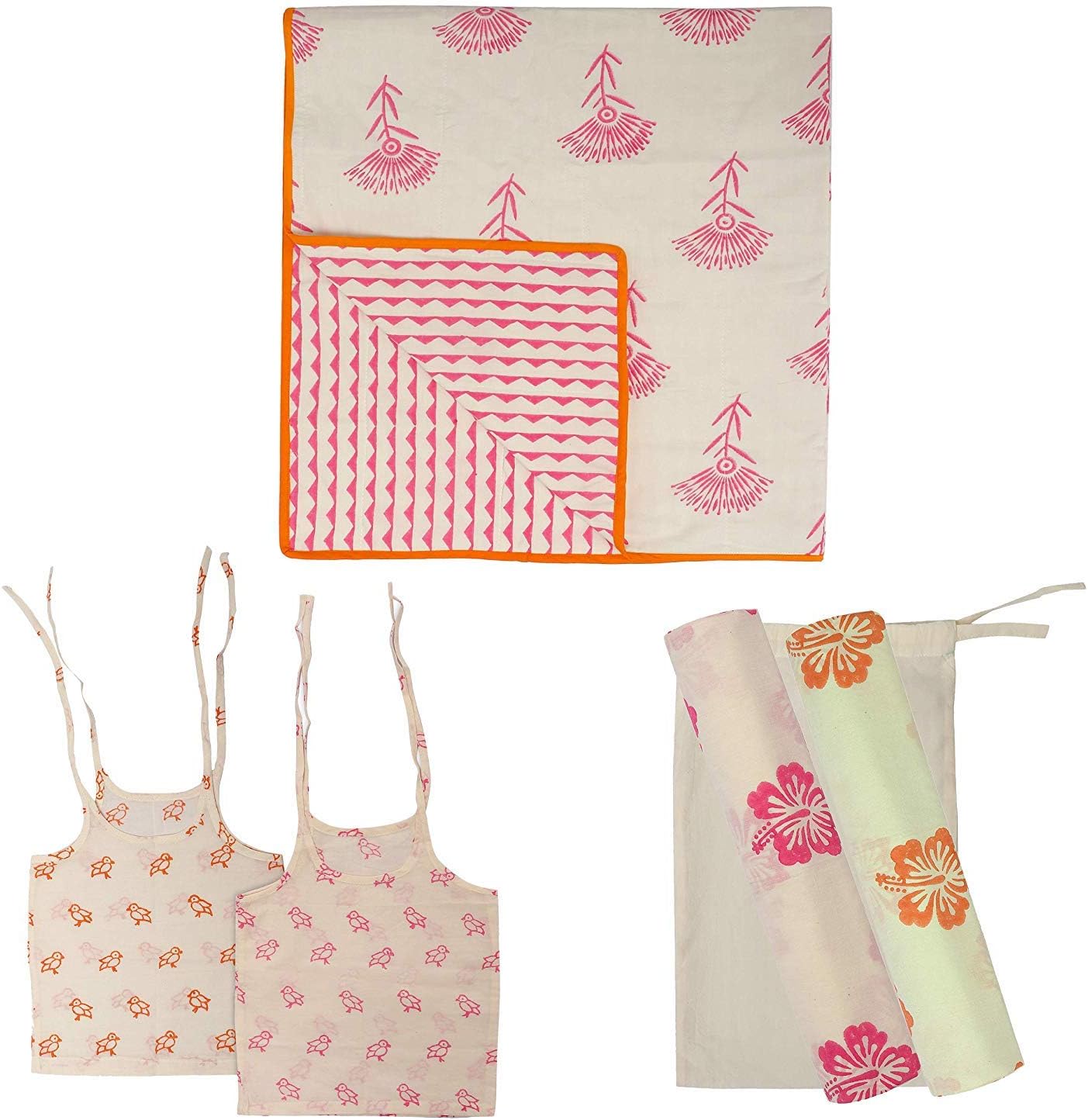 KolorFish Infant New Born Baby [5 in 1 Combo Gift Set] Jhabla, Swaddle & Quilt/Blanket (0-6 Months), 100% Soft Cotton, Block Printed (Made in India) Set of 5 pcs - Cotton Gift Bags Included (Orange Pi