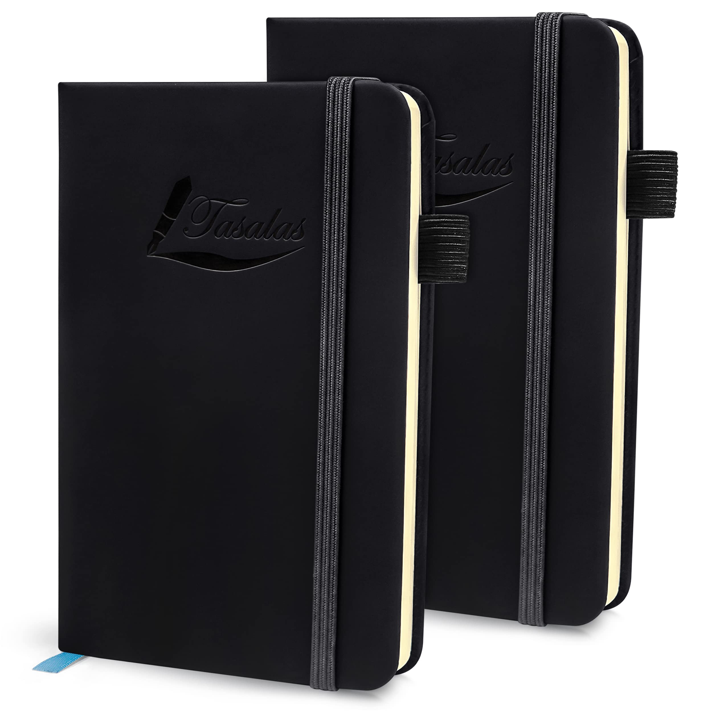 Tasalas Small Notebook - Black (Pack 2) Portable A6 Notebook with 80 GSM Lined 196 Pages Pages, Inner Pocket and Elastic Band - Notepad, Soft & Durable PU Leather Cover