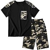 LOLANTA Boy Summer Clothes Kids Casual 2 Piece Outfit Cotton T-Shirt Camouflage Shorts Set