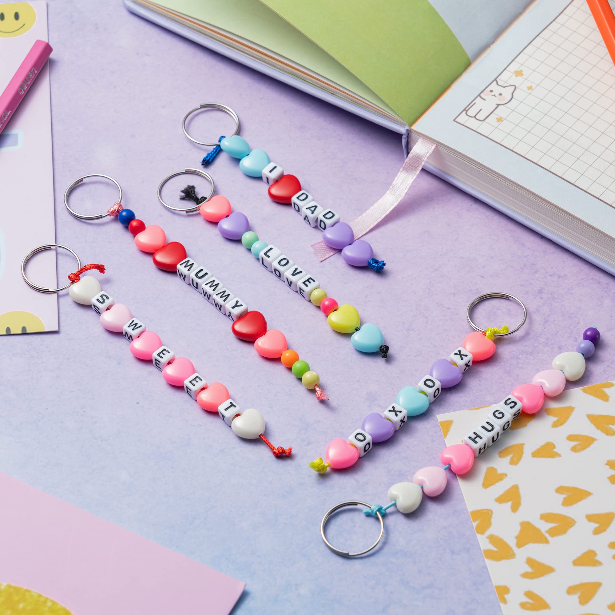 WATINC 286Pcs DIY Keychain Making Crafts Kits Adjustable Letter Heart Shape 6mm Pony Transparent Beads Key Ring Bag Charm Bracelet Supplies Jewelry Accessories Holiday Party Favor for Women Men