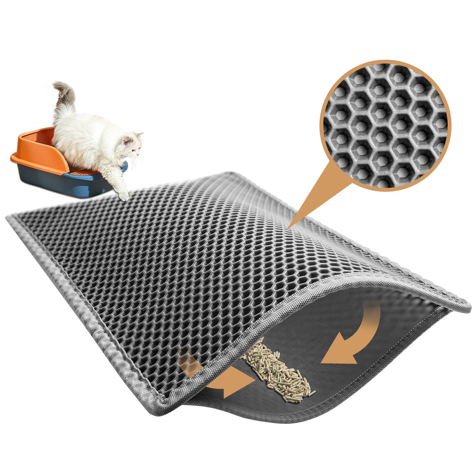 Garoopion Cat Litter Mat, 76 X 61 cm EVA Litter Trapping Mat, Double Layer Honeycomb Holes Design, Grey, 3 Side Connected
