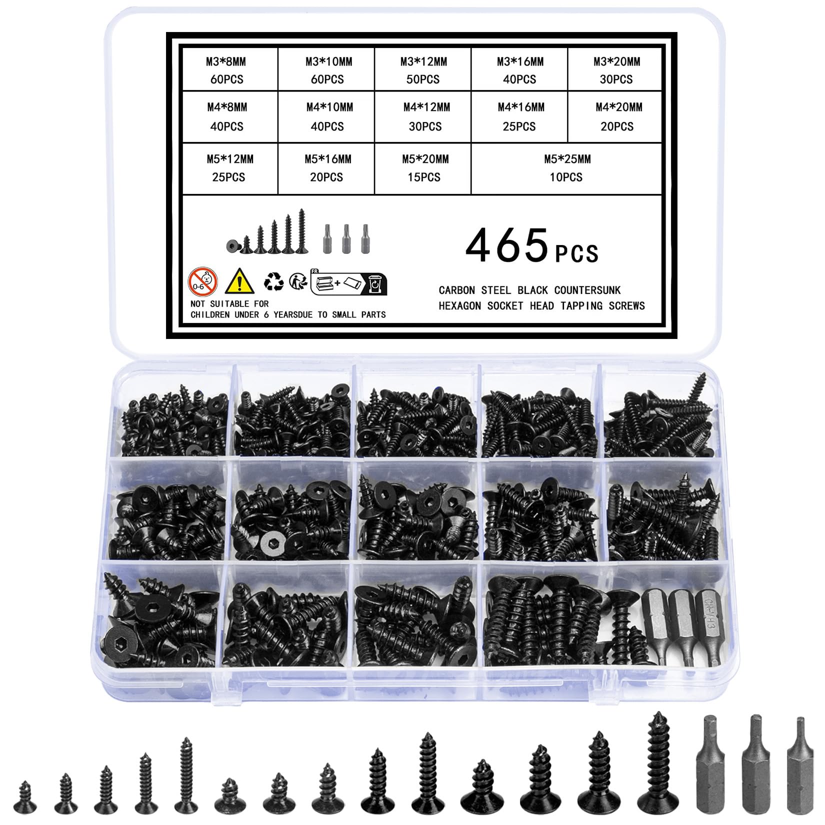 Vwoqiy 465 Pcs Wood Screws Assortment, M3 M4 M5 Flat Head Self-Tapping Screws Metal, Countersunk Head Hex Socket Head Cap Screw for Wood, Doors, Mechanical, Black, with 3 Bits