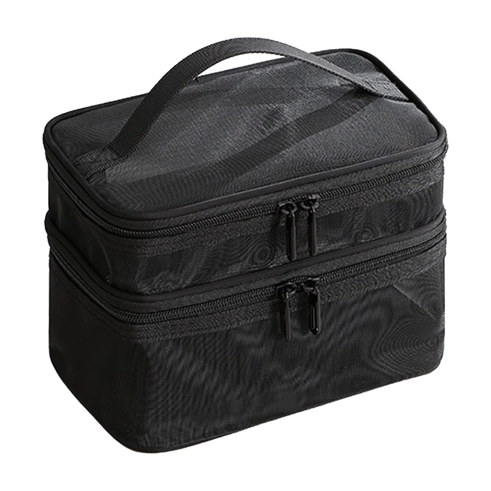 Double Layer Cosmetic Bag, Travel Toiletry Bag Large Capacity Mesh Makeup Bag with Brush Compartment and Handle Cosmetic Bags for Women Travel Must Haves (Black)