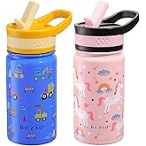 2 Pack Kids Water Bottle, BUZIO 14oz Insulated Stainless Steel Water Bottles with Tritan Straw Lid for toddler, Double Wall Leak Proof Lead-Free Drink Flask for School Boy Girl (Pink Unicorn+Blue Car)
