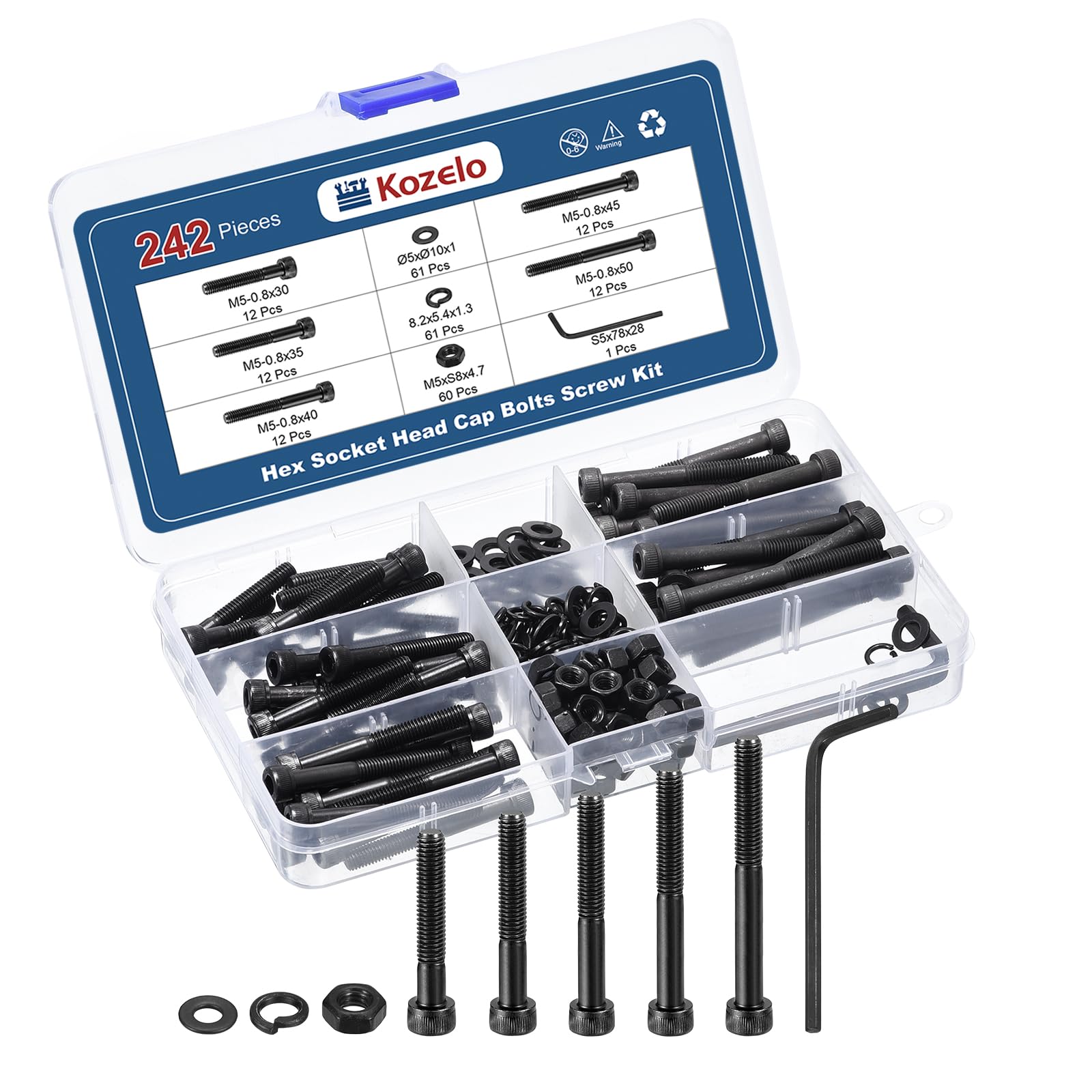 Kozelo 242pcs M5 Socket Head Cap Screws Bolts Nuts Assortment Kit - [M5x30/35/40/45/50mm] Alloy Steel Fully Threaded Black Oxide 12.9 Internal Hex Screw for 3D Printer Use, with Wrench — image 1