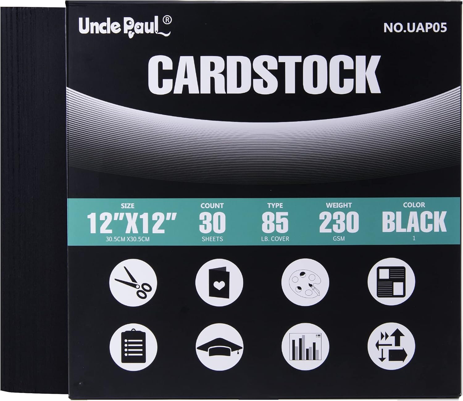 Black Cardstock - 12’’ x 12’’ 85lb Cover Card Stock Paper Perfect for Scrapbooking, Crafts, Business Cards 30 Sheets 230g UAP05BK : Office Products