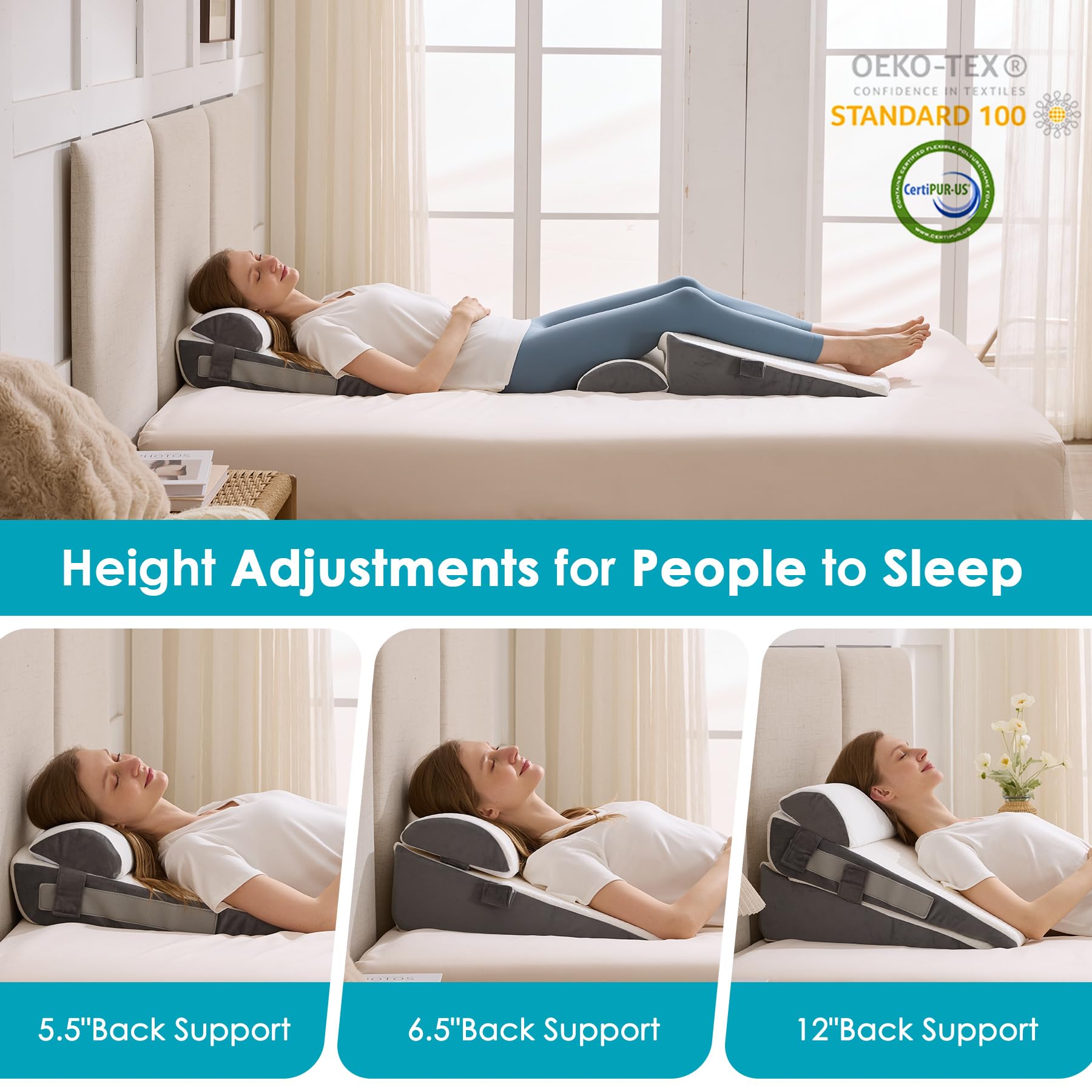 WGAKCED 3Pcs Wedge Pillow Set for After Surgery,Acid Reflux Relief, Adjustable Bed Wedge Pillows for Sleeping,Anti Snore, Memory Foam Triangle Pillow for Back&Neck&Shoulder Pain Relief, White&Grey