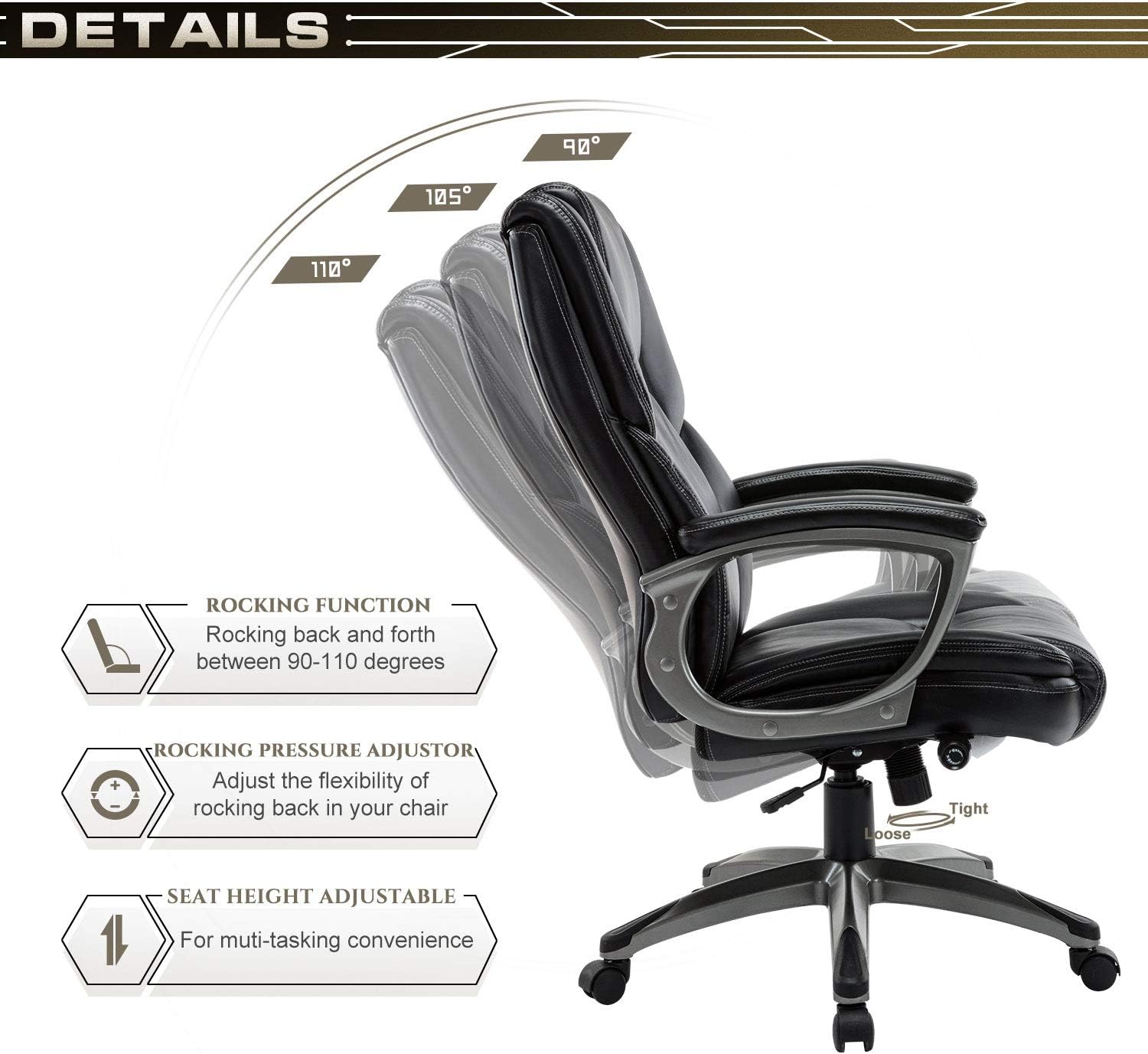 STARSPACE Bonded Leather Office Chair - Adjustable Lumbar Support Knob and Tilt Angle High Back Executive Computer Desk Chair, built-in inner spring For Comfort and Ergonomic Design For Lumbar Support: Office Products