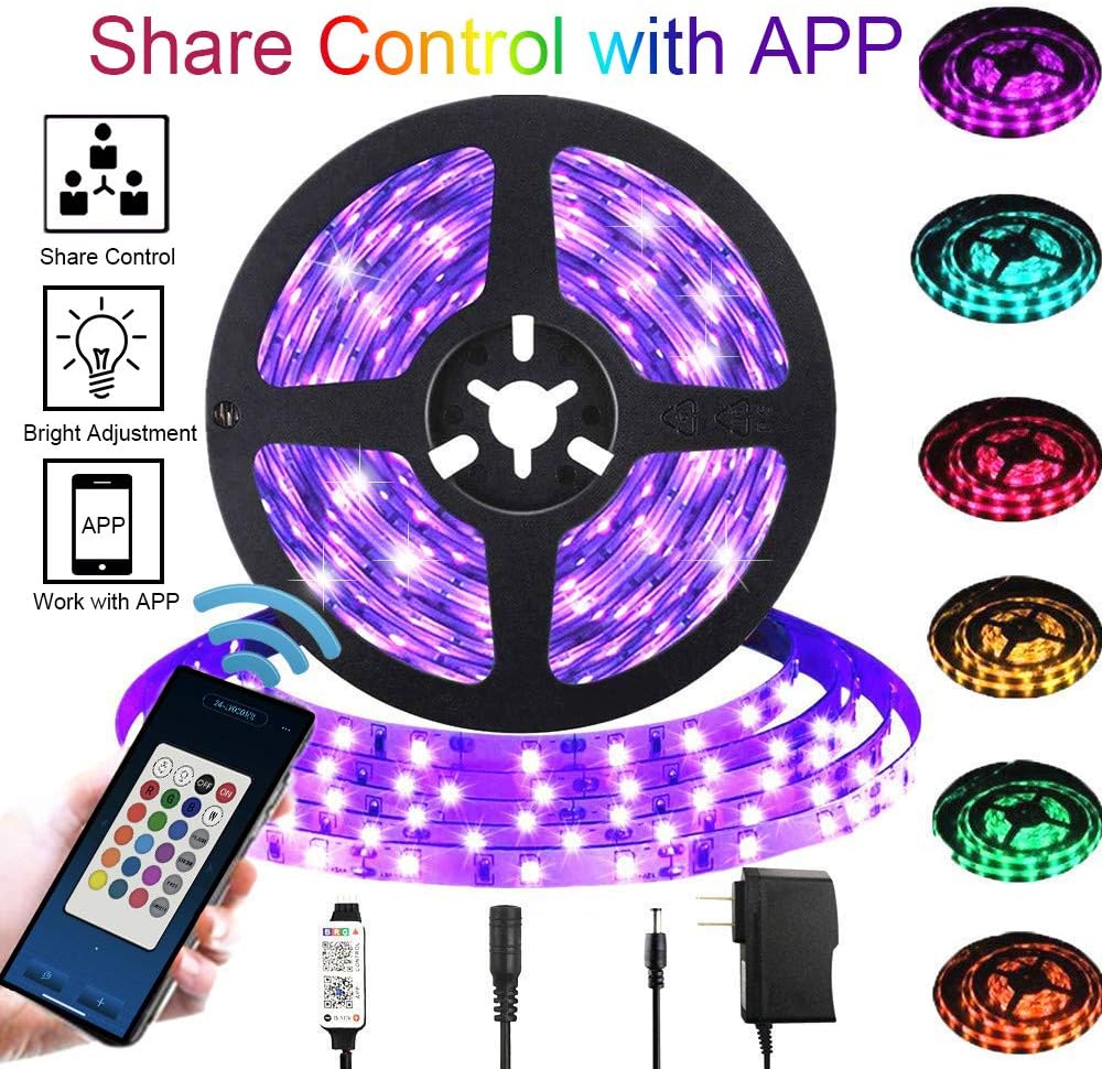 Upgraded LED Strip Lights Share Remote Control with APP, 16.5 ft Plug in Strip Tape Lights 5050 RGB 150 LED Color Changing Bluetooth Strip Lights Dreamcolor Dimmable for Home TV Kitchen DIY Décor