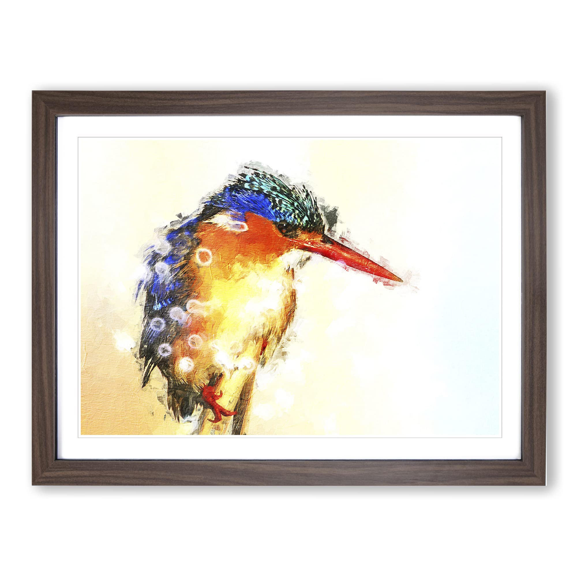 Exquisite Kingfisher Bird In Abstract Modern Art Framed Wall Art Print, Ready to Hang Picture for Living Room Bedroom Home Office Décor, Walnut A4 (34 x 25 cm)