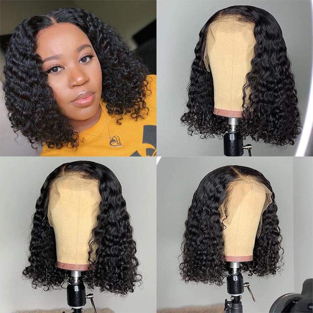 RIKA HAIR Full Lace Deep Curly Wigs With Baby Hair 150% Density Brazilian Human Hair Wigs Pre Plucked Short Curly Wigs For Black Women 16 inch