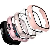 Vancle Case for Fitbit Versa 4 / Fitbit Sense 2, 4-Pack Screen Protector Tempered Glass Full Around Hard PC Case with Sensitive Touch Film Protective for Fitbit Sense 2 / Versa 4(Transparent + Starlight + Pink + Rose Gold)