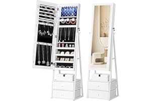 Nicetree LED Jewelry Cabinet Armoire with 2 Drawers, Lockable Standing Mirror Jewelry Cabinet, Full Length Mirror with Jewelry Storage, Christmas Gifts, White